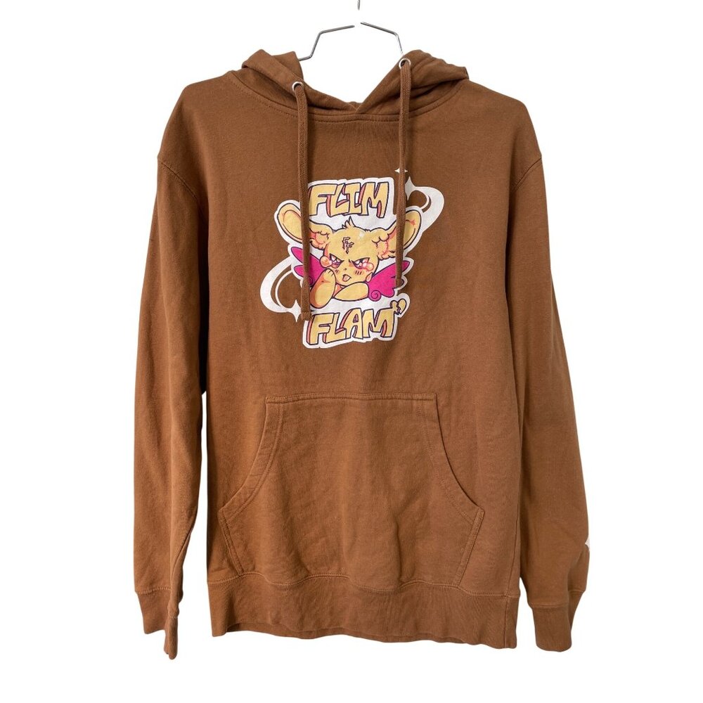 Flim Flam Hoodie Size Small Long Sleeve Pullover Printed Graphic Brown Relaxed